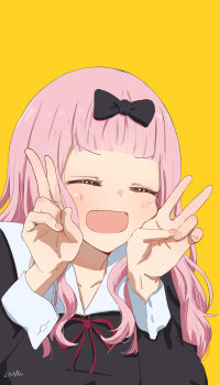 1girl black_bow black_dress blunt_bangs bow closed_eyes commentary double_v dress facing_viewer fujiwara_chika hair_bow highres justin_leyva_(steamy_tomato) kaguya-sama_wa_kokurasetai_~tensai-tachi_no_renai_zunousen~ long_hair long_sleeves neck_ribbon open_mouth pink_hair red_ribbon ribbon school_uniform shuuchiin_academy_school_uniform simple_background smile solo upper_body v winter_uniform yellow_background