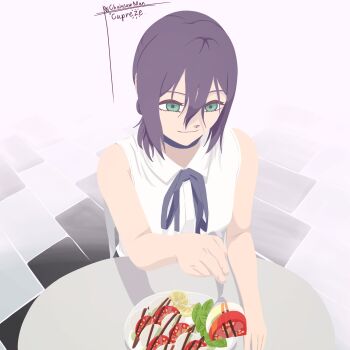 chainsaw_man fork highres holding_utensil pov reze_(chainsaw_man) rnrenner salad solo_focus table tomato tomato_slice