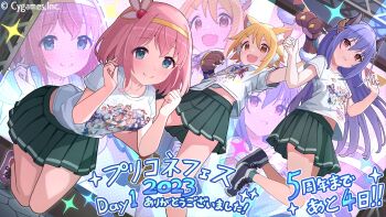 Rule 34 | :d, animal ears, animal hands, arm up, armpits, black skirt, blonde hair, blue eyes, blue hair, blush, bow, breasts, closed mouth, commentary request, copyright name, fang, full body, fur trim, gloves, hair between eyes, hair ornament, hairband, hairclip, highres, hiyori (princess connect!), horns, jumping, long hair, looking at viewer, midriff, miniskirt, multiple girls, official art, open mouth, paw gloves, pink hair, pleated skirt, princess connect!, purple eyes, rei (princess connect!), school uniform, serafuku, shirt, shoes, short hair, short sleeves, skirt, smile, white shirt, yellow eyes, yui (princess connect!)