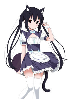 1girl absurdres alternate_costume animal_ear_fluff animal_ear_legwear animal_ears apron aqua_bow aqua_bowtie arm_behind_back bilingual_commentary black_dress black_hair blush bow bowtie breasts buttons cat_ear_legwear cat_ears cat_girl cat_tail chinese_commentary cleavage_cutout clothing_cutout commentary_request cosplay double-breasted dress extra_ears feet_out_of_frame frilled_apron frilled_dress frilled_sleeves frills hand_up he_shan123 heart_button highres holding holding_tray k-on! kemonomimi_mode long_hair looking_at_viewer mixed-language_commentary nakano_azusa nekopara parted_lips partial_commentary puffy_short_sleeves puffy_sleeves red_eyes short_sleeves sidelocks simple_background sleeve_bow small_breasts solo standing tail tareme thighhighs trait_connection tray twintails vanilla_(nekopara) vanilla_(nekopara)_(cosplay) very_long_hair waist_apron waitress white_apron white_background white_sleeves white_thighhighs white_wrist_cuffs wrist_cuffs zettai_ryouiki