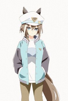1girl animal_ears blue_eyes blue_jacket breasts brown_hair brown_pants cheval_grand_(umamusume) closed_mouth ear_covers ears_through_headwear hair_between_eyes hakugitsu hands_in_pockets hat hat_belt highres horse_ears horse_girl horse_tail jacket long_hair looking_at_viewer multicolored_hair open_clothes open_jacket pants shirt simple_background solo streaked_hair tail umamusume white_background white_hair white_hat white_shirt