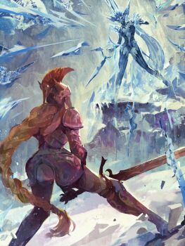 2girls afk_(series) afk_journey arm_warmers armor armored_boots blue_arm_warmers blue_boots blue_hair blue_leotard blue_lips blue_nails blue_skin boots braid brown_hair closed_mouth colored_skin commentary cryonaia_(afk) detached_collar english_commentary facing_away faulds fighting_stance fingernails floating_hair from_behind gauntlets helm helmet highleg highleg_leotard highres holding holding_sword holding_weapon ice ice_crystal leotard long_braid long_fingernails long_hair looking_at_another multiple_girls pauldrons ponytail sharp_fingernails shoulder_armor single_braid smile smirk snow standing strapless strapless_leotard subakeye sword thigh_boots v-shaped_eyebrows valka_(afk) valka_(radiant_vanguard)_(afk) very_long_hair weapon