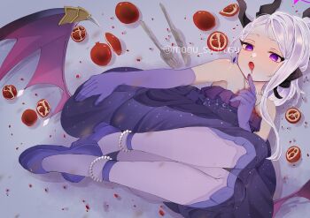 1girl blue_archive blush commentary_request demon_girl demon_horns demon_wings dress elbow_gloves food fork fruit gloves halo highres hina_(blue_archive) hina_(dress)_(blue_archive) horns long_hair looking_at_viewer low_wings lying mogu_saurusu pomegranate purple_dress purple_eyes purple_gloves solo white_hair wings