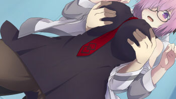 1boy 1girl blush breasts fate/grand_order fate_(series) fujimaru_ritsuka_(male) glasses grabbing_another's_breast groping mash_kyrielight necktie open_mouth pantyhose pink_hair purple_eyes short_hair toraya_(doujintraya)