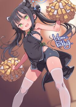 1girl animal_ears armpits black_dress black_hair blue_archive breasts cheerleader china_dress chinese_clothes commentary_request dress green_eyes halo highres loli long_hair open_mouth paid_reward_available pom_pom_(cheerleading) puddinghomhom shun_(blue_archive) shun_(small)_(blue_archive) small_breasts smile solo thighhighs twintails white_thighhighs