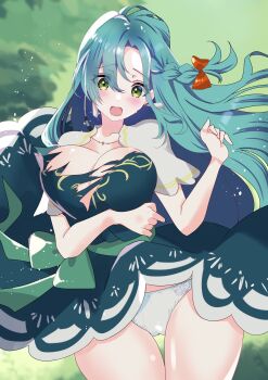 1girl absurdres aqua_hair arm_under_breasts azusa_(azchemist63) blush bow braid breasts cameltoe chloe_(fire_emblem) chloe_(pegasus_dress)_(fire_emblem) cleavage commentary_request commission earrings embarrassed fire_emblem fire_emblem_engage green_eyes hand_up highres jewelry large_breasts looking_down nintendo open_mouth orange_bow panties pixiv_commission side_braid solo teardrop_earrings thick_thighs thighs underwear wardrobe_malfunction white_panties