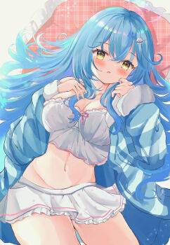 1girl absurdres ahoge blue_hair blue_jacket blush breasts camisole cleavage collarbone commentary_request elf fluffy_clothes frilled_camisole frills fur-trimmed_jacket fur_trim hair_between_eyes hair_ornament highres hololive jacket kanti15 large_breasts long_hair long_sleeves looking_at_viewer lying navel official_alternate_costume on_back open_clothes open_mouth pointy_ears polka_dot polka_dot_camisole sleepwear sleeves_past_wrists solo stomach striped_clothes striped_jacket vertical-striped_clothes vertical-striped_jacket very_long_hair virtual_youtuber white_camisole yellow_eyes yukihana_lamy yukihana_lamy_(roomwear)