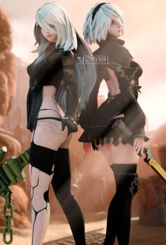 2b_(nier:automata) 2girls 3d a2_(nier:automata) absurdres android armlet asymmetrical_legwear back_cutout black_camisole black_dress black_gloves black_hairband black_legwear black_shorts blender_(medium) bob_cut camisole clothing_cutout commentary dress english_commentary flower gloves hair_between_eyes hairband highres holding holding_sword holding_weapon jewelry joints leonyash3d long_hair long_sleeves multiple_girls nier:automata nier_(series) nier_reincarnation official_alternate_costume robot_joints see-through_clothes see-through_sleeves short_hair shorts single_thighhigh sword thighhighs type-3_blade watermark weapon white_hair