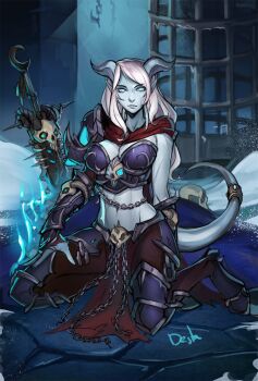 1girl armor blue_eyes blue_sclera blue_skin boobplate breastplate breasts brown_skirt cage cape chain closed_mouth colored_sclera colored_skin death_knight_(warcraft) distr draenei gauntlets highres hooves horns kneeling large_breasts long_hair looking_at_viewer midriff monster_girl navel pauldrons pelvic_curtain planted planted_sword planted_weapon red_cape scar shoulder_armor signature single_pauldron skirt smile solo sword tail tail_ornament tail_ring warcraft weapon white_hair world_of_warcraft