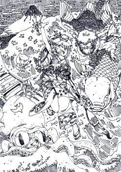 1boy 1girl absurdres asymmetrical_bangs beak between_fingers boat calligraphy_brush carp egasumi fate/grand_order fate_(series) feathered_wings fine_art_parody floating flower foot_up full_body fur_collar furisode gaifu_kaisei greyscale hair_flower hair_ornament hairpin highres holding holding_brush japanese_clothes kanagawa_okinami_ura kanzashi katsushika_hokusai_(fate) kimono looking_at_viewer monochrome mount_fuji mountain mushroom_(osh320) obi obijime octopus open_mouth oversized_object paintbrush parody riding sandals sash sleeves_pushed_up smile tasuki tengu the_dream_of_the_fisherman&#039;s_wife traditional_media watercraft waves wings zouri