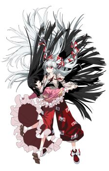 2girls absurdly_long_hair absurdres arm_around_waist artist_request baggy_pants black_eyes black_hair blunt_bangs blunt_ends boots bow brown_sandals closed_mouth collared_shirt commentary_request commission dot_nose floating_clothes floating_hair footwear_bow frilled_shirt_collar frilled_skirt frilled_sleeves frills fujiwara_no_mokou full_body geta grey_shirt hair_between_eyes hair_bow hair_floating_upwards hand_on_another&#039;s_back highres hime_cut holding_hands houraisan_kaguya hug juliet_sleeves korean_commentary large_bow light_blush long_hair long_skirt long_sleeves looking_at_another multiple_girls multiple_hair_bows ofuda ofuda_on_clothes one_eye_closed pants pink_shirt pleated_skirt puffy_sleeves red_boots red_bow red_eyes red_garter red_pants red_skirt sandals second-party_source shirt simple_background skirt sleeve_garter smile socks straight_hair suspenders tabi touhou two-tone_bow v-shaped_eyebrows very_long_hair white_background white_bow white_hair white_socks wide_sleeves yuri