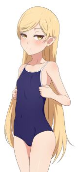 1girl absurdres bare_arms bare_shoulders blonde_hair blue_one-piece_swimsuit blush breasts closed_mouth competition_school_swimsuit cowboy_shot highres kiss-shot_acerola-orion_heart-under-blade kiss-shot_acerola-orion_heart-under-blade_(young) kizumonogatari legs_together light_frown loli long_hair looking_at_viewer monogatari_(series) na-suke one-piece_swimsuit oshino_shinobu pointy_ears school_swimsuit simple_background small_breasts solo standing swimsuit very_long_hair white_background yellow_eyes