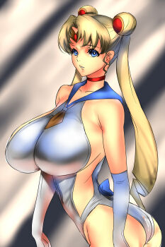 1girl ass bishoujo_senshi_sailor_moon blonde_hair blue_eyes blue_sailor_collar breasts choker circlet collarbone crescent crescent_earrings double_bun earrings elbow_gloves gloves hair_bun hair_ornament highres jewelry judge_(oekaki) large_breasts neckerchief sailor_collar sailor_moon solo tsukino_usagi