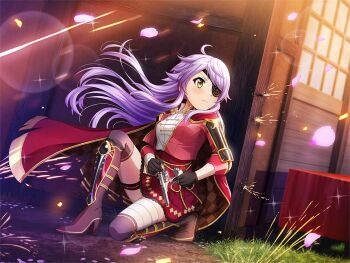 1girl ahoge armor bandaged_leg bandages black_boots black_gloves boots breasts cape closed_mouth eyepatch floating_hair game_cg gloves gun handgun high_heel_boots high_heels holding holding_gun holding_weapon jacket kneeling long_sleeves medium_breasts official_art one_eye_covered otonashi_ichie petals projectile_trail purple_hair red_cape red_jacket red_skirt reloading revolver shirt shoujo_kageki_revue_starlight shoujo_kageki_revue_starlight_-re_live- shoulder_armor skirt solo thigh_boots trigger_discipline v-shaped_eyebrows weapon white_shirt yellow_eyes