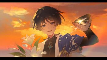 1boy armor black_bodysuit black_border black_bridal_gauntlets black_hair blue_cape blue_sleeves blunt_ends bodysuit border bridal_gauntlets cape choko_(cup) cloud cloudy_sky cup dusk eyeliner eyeshadow falling_petals fingernails flower genshin_impact gold highres holding holding_cup japanese_armor japanese_clothes kimono kote kurokote layered_sleeves letterboxed liquid looking_at_viewer makeup male_focus mandarin_collar open_clothes open_hand open_kimono open_mouth orange_sky outdoors petals purple_eyes red_eyeliner red_eyeshadow scaramouche_(genshin_impact) short_sleeves sky solo spilling vision_(genshin_impact) wanderer_(genshin_impact) white_flower white_petals white_sleeves white_trim xinxi97251086