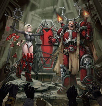1boy 1girl adeptus_astartes armor artist_name black_gloves black_headband blonde_hair brazier breasts chain chaos_(warhammer) chaos_space_marine coffin crossover debris elbow_gloves erebus_(wh40k) frost_llamzon gloves glowing glowing_eyes goddess_of_victory:_nikke headband highleg highleg_leotard knee_armor large_breasts leg_armor leotard open_mouth power_armor raised_fist red_armor red_shoes_(nikke) scripture short_hair signature skull teeth thighs warhammer_40k