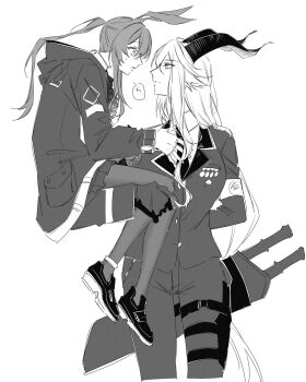 amiya_(arknights) animal_ears arknights armband ascot asymmetrical_sidelocks black_jacket brown_horns cropped_legs degenbrecher_(arknights) frilled_ascot frills goat_ears goat_girl goat_horns goat_tail green_pants hair_flowing_over highres hood hooded_jacket horns jacket jewelry kjerag_logo lapels medal military_jacket monochrome multiple_rings notf_404 orange_shirt pants print_armband rabbit_ears rabbit_girl ring shirt sidelocks tail thumb_ring white_armband