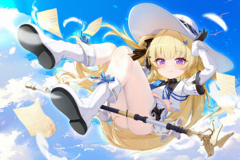 1girl absurdres ass bar_censor blonde_hair boots censored chinese_commentary commentary_request gloves hand_on_headwear hat highres loli long_hair maozi_tutu paid_reward_available phoebe_(wuthering_waves) purple_eyes sky smile solo white_boots white_hat wuthering_waves