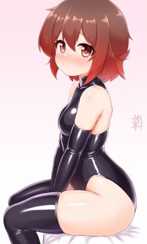 Rule 34 | 1girl, ass, black thighhighs, breasts, brown eyes, brown hair, commentary request, gradient background, gradient hair, heattech leotard, highres, kantai collection, leotard, looking at viewer, multicolored hair, mutsuki (kancolle), on bed, pink background, red hair, short hair, sitting, small breasts, smile, solo, thighhighs, turtleneck, zanne
