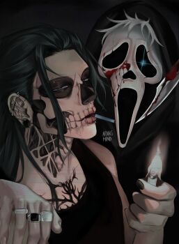 2boys absurdres american_horror_story aransmind artist_name black_background black_cloak black_hair black_nails black_tank_top blood blood_on_mask bloody_knife chest_tattoo cigarette cloak cosplay cracked_mask cyber_sigilism ear_piercing eyebrow_piercing face_piercing facial_tattoo flaming_eye getou_suguru ghost_mask ghostface ghostface_(cosplay) gojou_satoru highres holding holding_knife holding_lighter hood hood_up hooded_cloak ibispaint_(medium) jewelry jujutsu_kaisen knife light_trail lighter lip_piercing looking_at_viewer multiple_boys neck_tattoo nose_piercing parted_lips piercing plug_(piercing) purple_eyes ring scream_(movie) skull_tattoo tank_top tattoo white_hair zippo_lighter