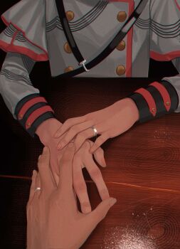 1girl 1other absurdres arm_rest commentary grey_jacket hand_focus hand_on_another's_hand head_out_of_frame highres jacket jewelry kasane_teto kasane_teto_(sv) leutchaft long_sleeves matching_ring military_uniform own_hands_together pov pov_hands ring shoulder_belt solo_focus synthesizer_v table untranslatable_commentary wedding_ring wooden_table