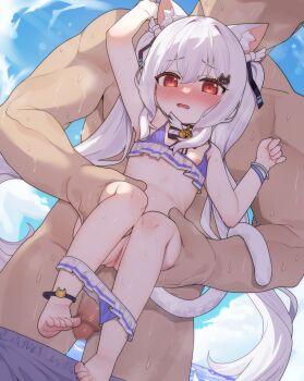 1boy 1girl absurdres animal_ears bikini blush cat_ears cat_girl cat_tail censored clothes_pull flat_chest freehoney hetero highres loli long_hair mosaic_censoring nipples original paid_reward_available penis pussy red_eyes swimsuit tail twintails white_hair