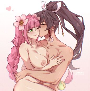 1boy 1girl braid breasts brown_hair closed_eyes commission completely_nude flower green_eyes hair_flower hair_ornament hetero kiss kissing_cheek large_breasts long_hair nipples nude one_eye_closed pink_hair ponytail rune_factory rune_factory:_guardians_of_azuma smile subaru_(rune_factory) symoca ulalaka