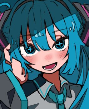 1girl absurdres aqua_background aqua_eyes aqua_hair aqua_necktie auhuheben17 cross-shaped_pupils grey_shirt hair_ornament hand_on_own_face hatsune_miku highres long_hair looking_at_viewer necktie portrait shirt solo symbol-shaped_pupils twintails vocaloid