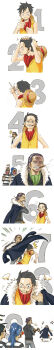 4boys absurdres amputee ascot belt black_hair blue_hair brown_hair buggy_the_clown che_(cyan_crown) cigar coat comic cosplay crocodile_(one_piece) crocodile_(one_piece)_(cosplay) facial_mark frown fur_trim galdino glasses hat highres hook hook_hand jacket jewelry long_hair long_image male_focus monkey_d._luffy multiple_boys musical_note one_piece pants ponytail prison_clothes red_shorts ring sandals scar shirt shorts silent_comic smoking straw_hat striped_clothes striped_pants striped_shirt tall_image vest