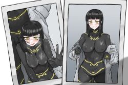 1boy 1girl after_fellatio alessio_(project_moon) black_bodysuit black_hair blush bodypaint bodysuit breasts cesara_(project_moon) coat cum cum_string glowing_clothes hair_on_penis hetero highres hime_cut lab_coat large_breasts limbus_company long_hair looking_at_viewer messy_hair narrow_waist neon_trim nipples open_mouth p_corp_uniform paint_on_body painted_clothes penis photo_(object) praycity project_moon saliva saliva_trail simple_background skin_tight smile sweat testicles turtleneck turtleneck_bodysuit uncensored undressing very_sweaty white_coat wide_hips yellow_eyes
