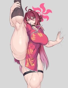 1girl abs against_wall alternate_body_size alternate_muscle_size alternate_size belt blue_archive breasts broken_wall china_dress chinese_clothes choker covered_abs crack cracked_wall dress flexible full_body hair_bun halo hand_on_wall highres kneehighs leg_lift leg_up long_hair looking_at_viewer mole mole_under_eye muscular muscular_female navel partially_unzipped pelvic_curtain red_dress red_eyes red_hair red_halo reijo_(blue_archive) sheepapp simple_background socks solo split standing standing_on_one_leg standing_split strong thick_thighs thigh_belt thigh_strap thighs