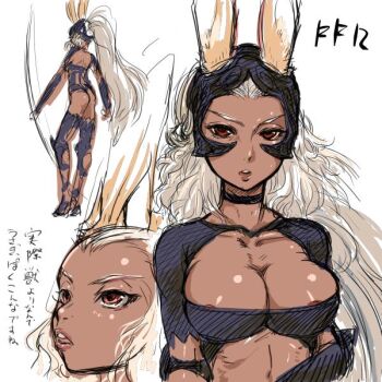 1girl animal_ears areola_slip ass bad_id black_choker black_helmet bokkori bow_(weapon) breasts choker cleavage collarbone commentary_request copyright_name dark-skinned_female dark_skin ears_through_headwear final_fantasy final_fantasy_xii fran_(ff12) helmet holding holding_bow_(weapon) holding_weapon long_hair medium_breasts midriff open_mouth ponytail rabbit_ears red_eyes simple_background teeth translation_request upper_teeth_only viera weapon white_background white_hair