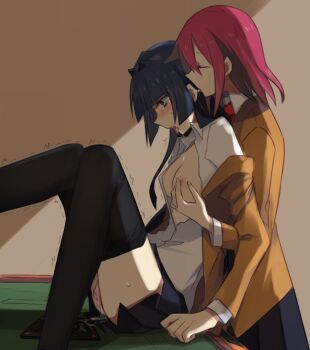 2girls aoki_shizumi black_legwear blazer blue_hair blush breasts closed_eyes couple ear_licking female_focus fingering fingering_from_behind grabbing_another's_breast groping hime_cut hirose_sumire hug hug_from_behind jacket licking long_hair mahjong_table miyanaga_teru multiple_girls nipples open_clothes open_mouth open_shirt pink_hair pleated_skirt pussy_juice reference_work saki_(manga) saliva school_uniform shirt short_hair sitting skirt small_breasts standing table tears thighhighs tongue twitching white_shirt yuri