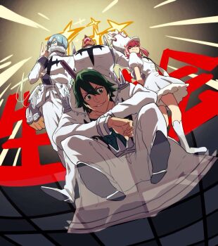 1girl 3boys arms_behind_back belt_pouch blue_hair bone crossed_arms dark-skinned_male dark_skin dress gamagoori_ira glasses green_eyes green_hair grin hat high_collar honnoji_academy_school_uniform inumuta_houka jacket jakuzure_nonon kayasamad kill_la_kill long_coat looking_at_viewer looking_to_the_side multiple_boys muscular muscular_male necktie pants perspective pink_eyes pink_hair pleated_dress pouch protected_link puffy_short_sleeves puffy_sleeves ribbed_shirt sanageyama_uzu school_uniform shako_cap shirt shoes short_sleeves shouting sidelocks skull_ornament smile spikes squatting star_(symbol) white_dress white_necktie