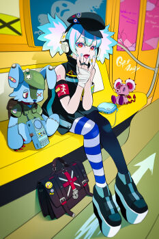 1girl akai_kuro arm_tattoo armband asymmetrical_legwear badge bag bandaged_hand bandaid black_dress black_hat black_shoes black_thighhighs blue_hair blue_nails bow broken_window button_badge cd_player collar combat_helmet demon_tail demon_wings dress ghost hat hat_pin hatsune_miku headphones heart heart_collar helmet highres jewelry lightning_bolt_symbol military mismatched_legwear open_mouth peace_symbol pink_bow platform_shoes red_eyes ring shoes short_hair shoulder_tattoo sitting sleeveless sleeveless_dress smiley_face sony star_(symbol) striped_clothes striped_thighhighs stuffed_animal stuffed_mouse stuffed_rabbit stuffed_toy tail tattoo thighhighs tongue tongue_out train train_interior twintails union_jack vocaloid walkie-talkie walkman white_thighhighs window wings