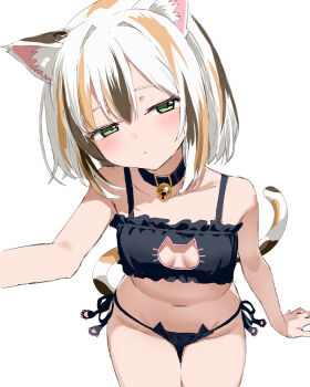 1girl 4o4_n0t_fankal absurdres animal_ears bell black_bra black_panties bra breasts brown_hair calico_(pattern) cat_cutout cat_ear_panties cat_ears cat_girl cat_lingerie cat_tail cleavage clothing_cutout collar expressionless green_eyes highres invisible_chair looking_at_viewer multicolored_hair navel neck_bell orange_hair original panties short_hair sitting stomach tail underwear underwear_only white_hair