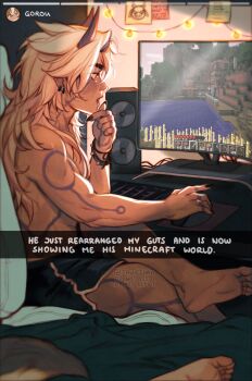 2boys aftersex arataki_itto blush cawchan collarbone commentary computer computer_keyboard computer_mouse crossed_legs dolphin_shorts english_commentary fingernails genshin_impact gorou_(genshin_impact) he_literally_just_nutted_in_me_(meme) highres horns instagram_story long_hair male_focus meme minecraft monitor multiple_boys muscular muscular_male open_mouth out_of_frame pectorals red_horns shorts sitting topless_male twitter_username white_hair yaoi