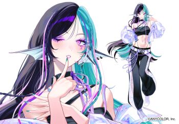 1girl aqua_hair aqua_nails black_choker black_hair black_tube_top blush breasts choker commentary copyright_notice english_commentary eyeshadow facial_mark finana_ryugu fins full_body head_fins highres jewelry linea_alba looking_at_viewer makeup medium_breasts midriff multicolored_hair multiple_views navel necklace nijisanji nijisanji_en nrnmarie pants panty_straps parted_lips purple_eyes purple_eyeshadow purple_hair purple_lips simple_background split-color_hair strapless streaked_hair sweatpants tube_top virtual_youtuber white_background