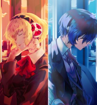 1boy 1girl absurdres aigis_(persona) android black_jacket blonde_hair blue_hair blue_ribbon bow closed_eyes closed_mouth cloud cloudy_sky commentary day digital_media_player digital_walkman dress_shirt english_commentary from_side gekkoukan_high_school_uniform gold_hairband hair_over_one_eye hairband hand_on_own_ear hand_up headphones highres jacket minako_larima open_clothes open_jacket persona persona_3 red_bow ribbon robot_ears school_uniform shirt sky smile split_screen sunlight sunset train_interior upper_body walkman_nw-s203f white_shirt yuuki_makoto_(persona_3)