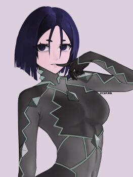 1girl arched_back asymmetrical_breasts biting_own_finger bodysuit breasts commentary empty_eyes fate/samurai_remnant fate_(series) grey_bodysuit highres medium_breasts ocetee purple_eyes purple_hair short_eyebrows short_hair signature solo ushi_gozen_(fate) ushi_gozen_(rider)_(fate)