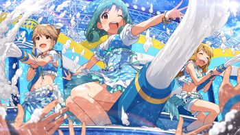 3girls ;d blue_dress blurry blurry_foreground bracelet breasts brown_eyes brown_hair cannon closed_eyes commentary_request concert day dress foam foam_mustache game_cg green_hair holding holding_hose hose idolmaster idolmaster_million_live! idolmaster_million_live!_theater_days jewelry looking_at_viewer midriff miyao_miya multiple_girls my_pace_unit_(idolmaster) navel official_alternate_costume official_art one_eye_closed open_mouth outdoors polka_dot polka_dot_dress smile stage standing tenkuubashi_tomoka third-party_source tokugawa_matsuri