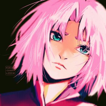 1girl 2020 artist_name black_background closed_mouth commentary english_commentary green_eyes haruno_sakura highres koburashiwa looking_afar naruto_(series) parted_bangs pink_hair short_hair simple_background solo straight-on