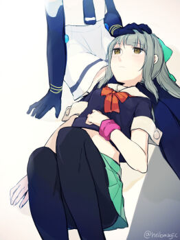 2girls black_pantyhose brown_eyes closed_mouth crop_top elbow_gloves gloves green_skirt grey_hair hand_on_another's_head kantai_collection lap_pillow lying miniskirt multiple_girls myuu_(hellomagic) on_back pantyhose pleated_skirt samidare_(kancolle) short_sleeves sitting skirt solo_focus thighhighs twitter_username white_skirt yuri yuubari_(kancolle)