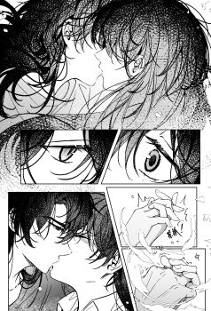 1boy 1girl absurdres chinese_text closed_eyes commentary_request genderswap genderswap_(mtf) greyscale hetero highres holding_hands kim_dokja kiss long_hair monochrome omniscient_reader&#039;s_viewpoint sanjinmogufufu translation_request wide-eyed yoo_joonghyuk