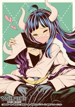 &gt;_&lt; 1boy 1girl ahoge blue_cape blue_eyes blunt_bangs blush cape closed_eyes commentary_request copyright_name eyelashes gloves green_background hair_over_one_eye hat heart horns hug hug_from_behind koushi_rokushiro long_hair long_sleeves mask mouth_mask official_art one_piece one_piece_card_game page_one_(one_piece) purple_hair shirt sweatdrop two-tone_hat ulti_(one_piece) white_shirt