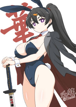 1girl animal_ears black_hair black_jacket blue_leotard breasts carrot_hair_ornament commentary_request covered_navel detached_collar fake_animal_ears fake_tail floahi food-themed_hair_ornament groin hair_ornament hairclip highleg highleg_leotard highres jacket jacket_on_shoulders large_breasts leotard long_hair necktie original playboy_bunny ponytail purple_eyes rabbit_ears rabbit_tail red_necktie sheath sheathed solo strapless strapless_leotard sword tail thighs weapon wrist_cuffs