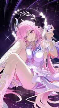 1girl absurdres armlet bare_shoulders breasts commentary cyrene_(honkai:_star_rail) cyrene_(ripples_of_past_reverie)_(honkai:_star_rail) diamond-shaped_pupils diamond_(shape) dress feet_out_of_frame fingernails hair_ornament halo halo_behind_head hand_up highres holding_puzzle_piece honkai:_star_rail honkai_(series) jewelry knees_up large_breasts long_hair looking_at_viewer parted_lips pink_hair purple_eyes puzzle_piece sitting smile solo symbol-shaped_pupils thighs uohara_shinji very_long_hair white_dress