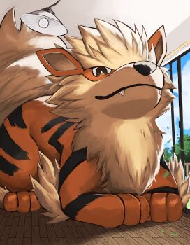 Rule 34 | absurdres, animal focus, arcanine, black eyes, blue sky, ceiling light, closed mouth, cloud, commentary request, fangs, gen 1 pokemon, glass door, highres, indoors, jira (ziraiya26), looking at viewer, mane, nintendo, no humans, orange fur, pokemon, pokemon (creature), sky, snout