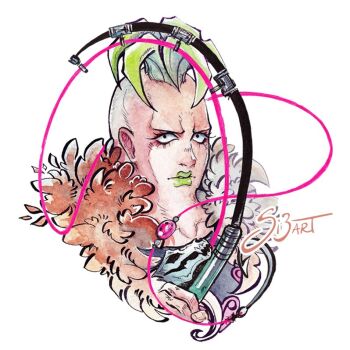 1boy beach_boy_(stand) commentary cropped_torso english_commentary fur_trim green_hair green_lips hatching_(texture) holding holding_whip hook jojo_no_kimyou_na_bouken makeup male_focus painting_(medium) portrait si3art signature skull solo stand_(jojo) string traditional_media vento_aureo watercolor_(medium) whip white_background