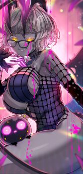 1girl akirannu baby_animal black_dress breasts colored_skin dress dripping elbow_gloves evil_smile fate/grand_order fate_(series) glasses gloves glowing glowing_eyes glowing_hand grey_hair grey_skin highres horns jacques_de_molay_(foreigner)_(fate) jacques_de_molay_(foreigner)_(third_ascension)_(fate) lamb large_breasts sheep smile thighs yellow_eyes